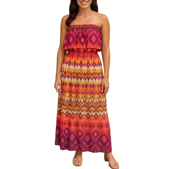 2b Bebe Strapless Maxi Dress With Beaded Top & Vibrant Boho Print Size Medium - Picture 1 of 9